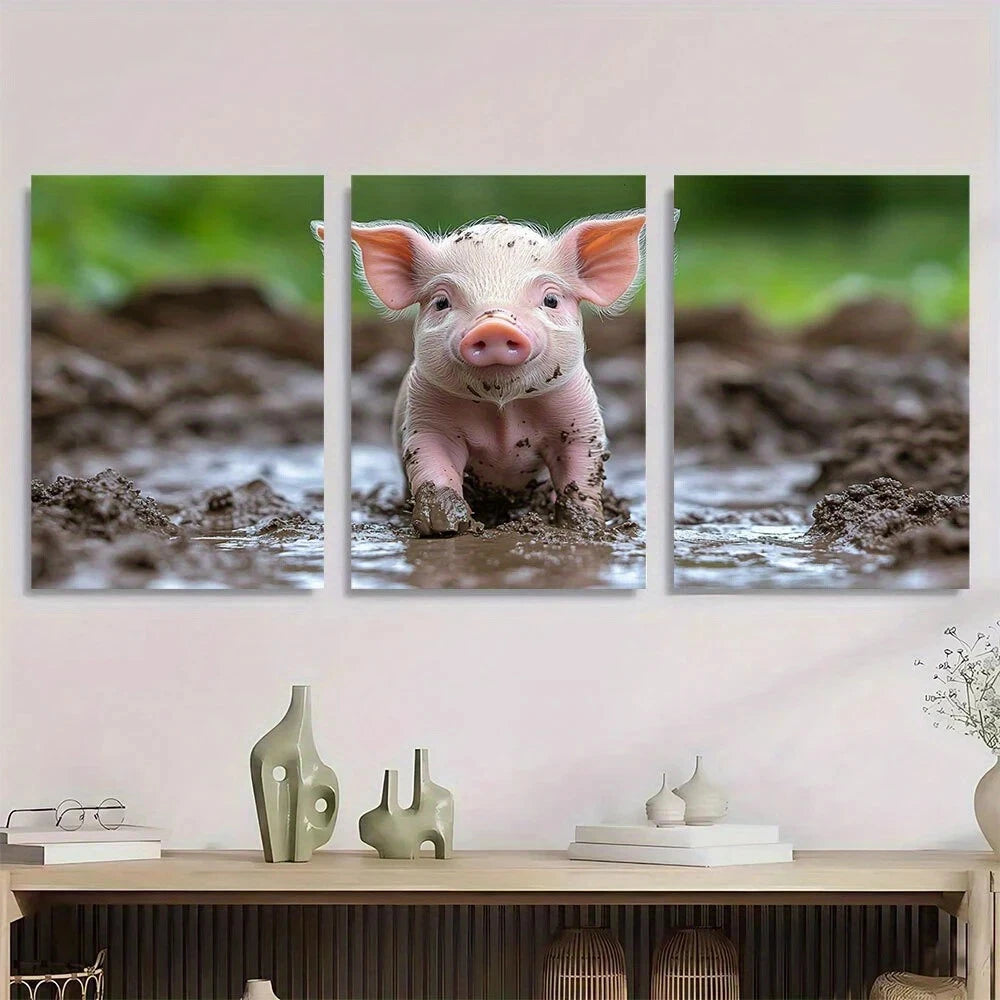 3pcs Adorable Piglet in Mud Funny Animal Metal Print Ready to Hang Art