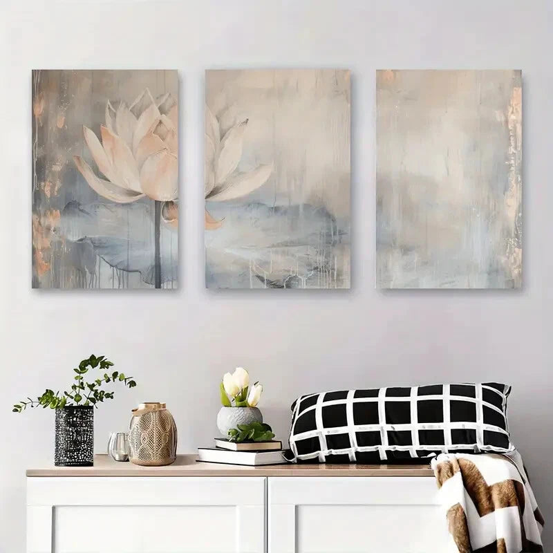 3pcs Abstract Watercolor Floral Lotus Flower Metal Print Ready to Hang Art