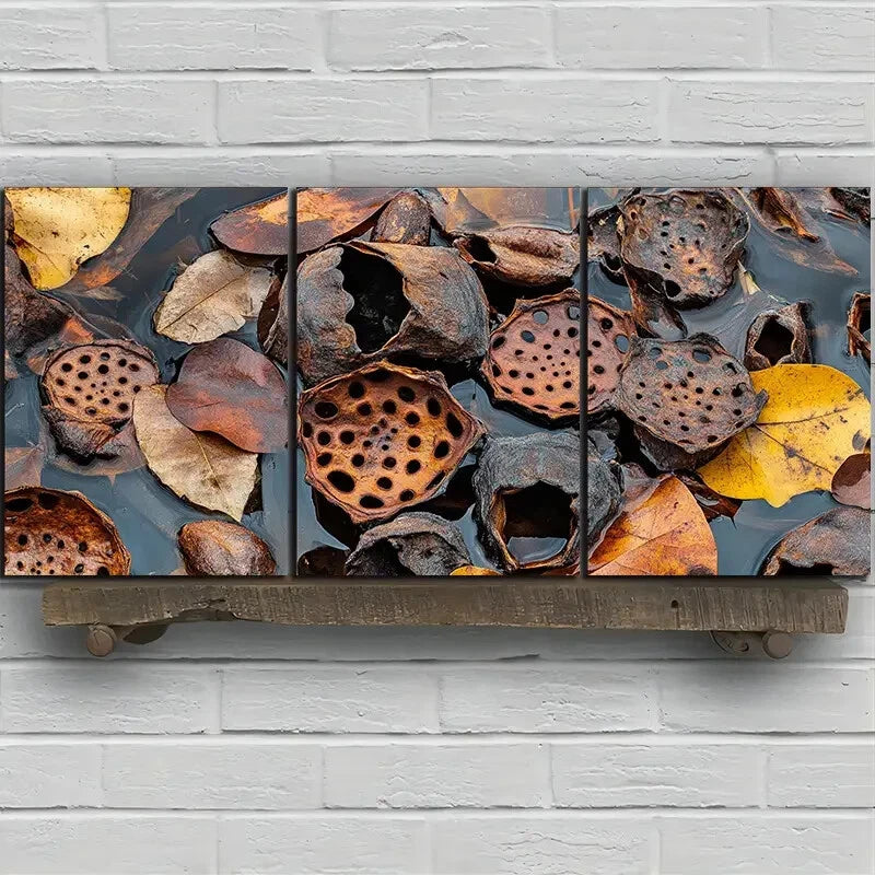 3pcs Fallen Leaves And Lotus Pods Metal Print Ready to Hang Art