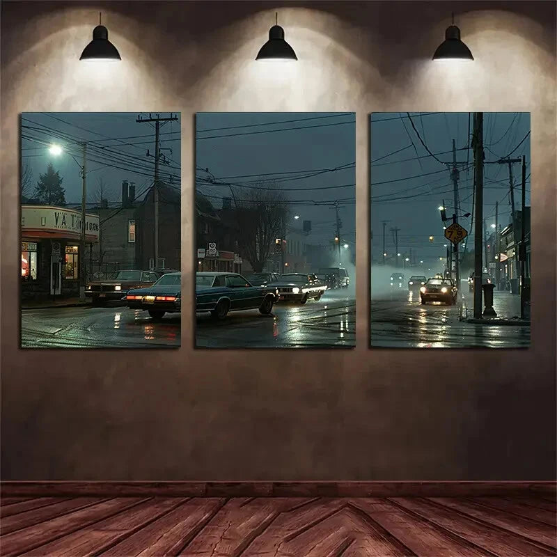 3pcs Night View City Vintage Car Metal Print Ready to Hang Art