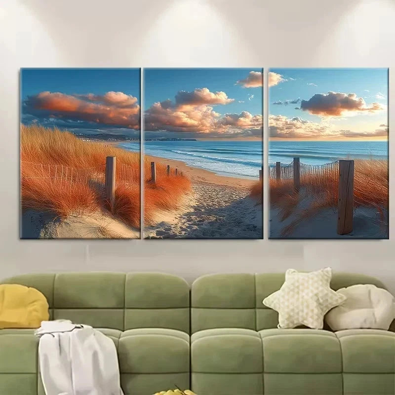 3pcs Serene Bournemouth Beach Walkway Wall Art Set Canvas Framed 40x60cm - High Quality Print 100% Australian Made Wall Canvas Ready to Hang