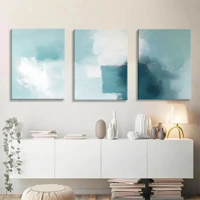 3pcs Abstract Blue-Green Block Wall Art Painting Metal Print Ready to Hang Art