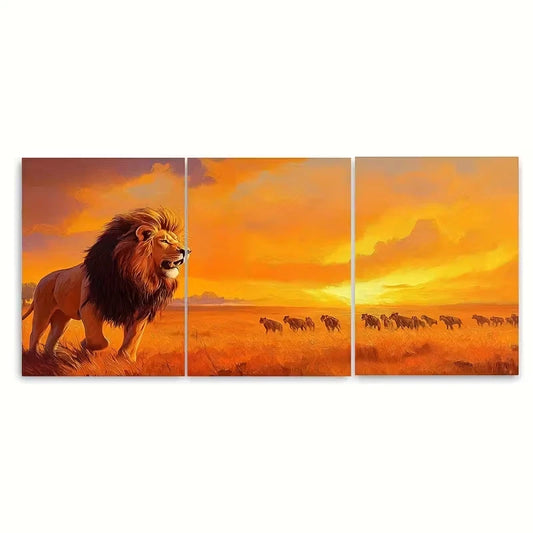 3pcs Majestic Lion Sunset Metal Print Ready to Hang Art
