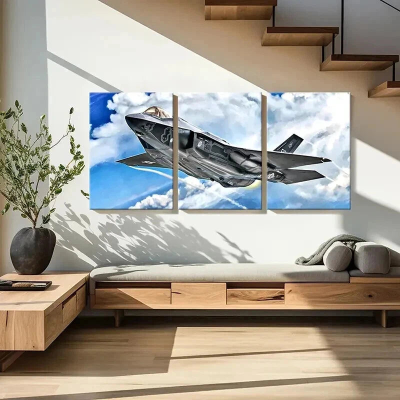 3pcs Fighter Jets & Bombers in Flight Wall Art Set Canvas Framed 40x60cm - High Quality Print 100% Australian Made Wall Canvas Ready to Hang