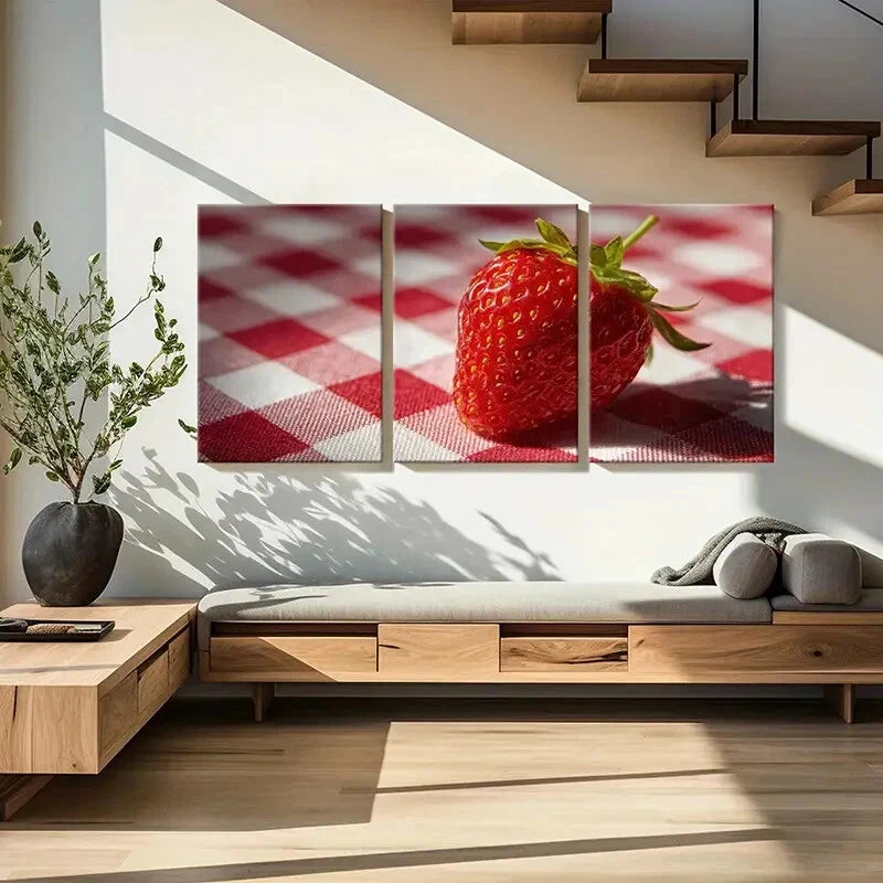 3pcs Fresh Strawberry On Kitchen Checkerboard Metal Print Ready to Hang Art