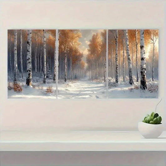 3pcs Snowy Birch Trees & Aspen Landscape Metal Print Ready to Hang Art
