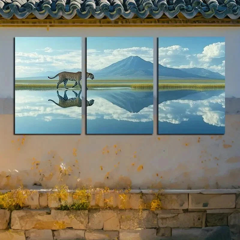 3pcs Vibrant Leopards on the Lake Metal Print Ready to Hang Art