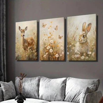 3pcs Deer And Bunny Scenery in Flower Field Wall Art Set Canvas Framed 40x60cm - High Quality Print 100% Australian Made Wall Canvas Ready to Hang