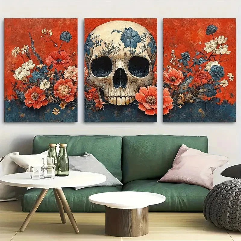 3pcs Skull with Intricate Floral Patterns Metal Print Ready to Hang Art