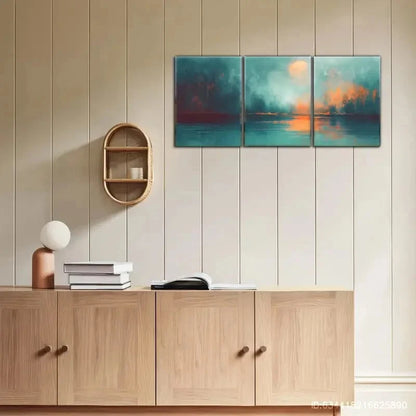 3pcs Blue Green Sunset Lake Misty Forest Print Metal Print Ready to Hang Art