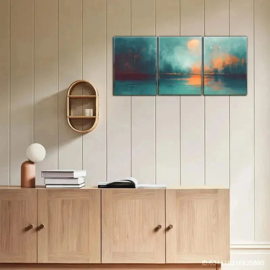 3pcs Blue Green Sunset Lake Misty Forest Print Metal Print Ready to Hang Art