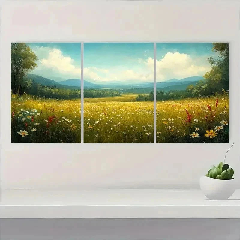 3pcs Spring Meadow Landscape Vintage Perfect Wall Art Set Canvas Framed 40x60cm - High Quality Print 100% Australian Made Wall Canvas Ready to Hang