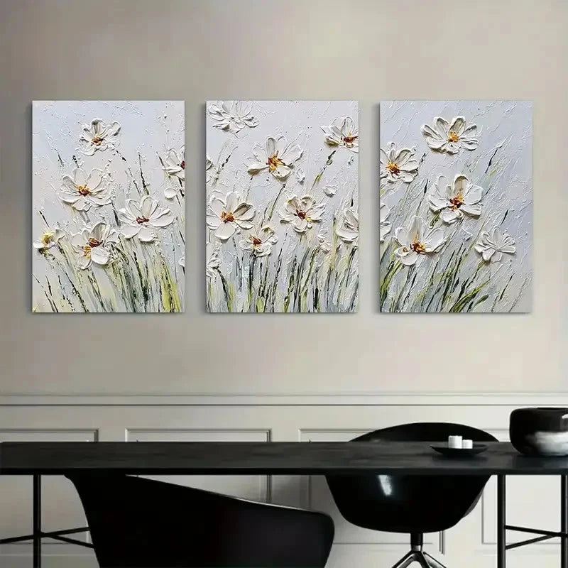 3pcs Vintage Daisy in Grass White Background Metal Print Ready to Hang Art