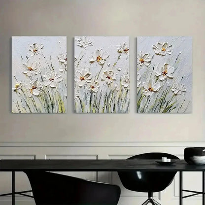 3pcs Vintage Daisy in Grass White Background Metal Print Ready to Hang Art