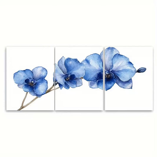 3pcs Elegant Blue Orchid Watercolor Print on Paper Metal Print Ready to Hang Art