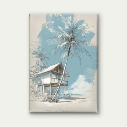 Blue & Teal Ocean Sketch - Palm Tree Cottage 60x90cm Metal Print Ready to Hang