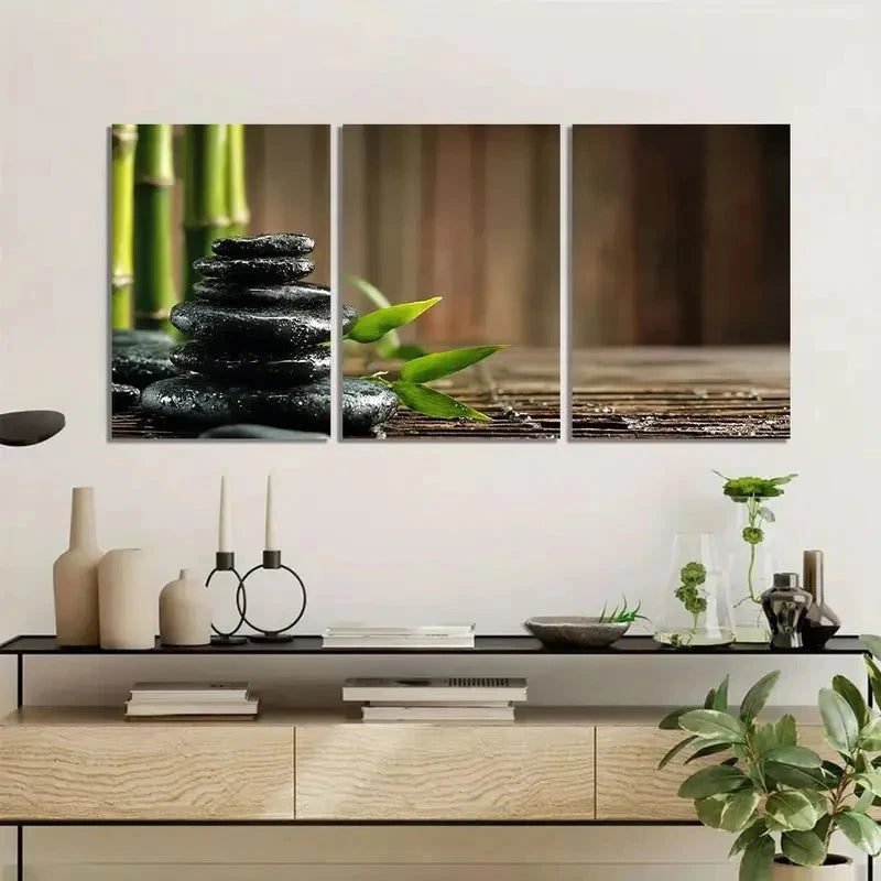 3pcs Black Zen Stones with Bamboo Painting Metal Print Ready to Hang Art