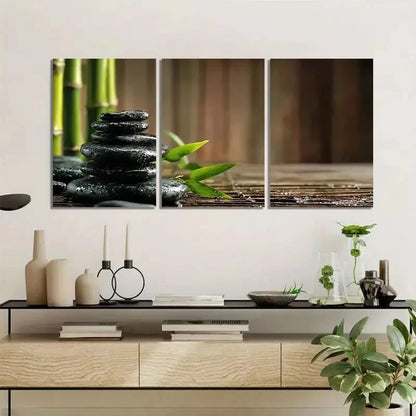 3pcs Black Zen Stones with Bamboo Painting Metal Print Ready to Hang Art