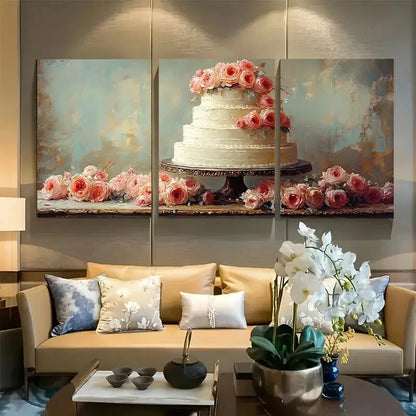 3pcs Wedding Cake Decorated with Pink Florals Metal Print Ready to Hang Art