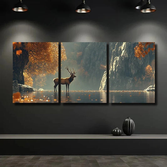 3pcs Deer Stands in The Water Metal Print Ready to Hang Art
