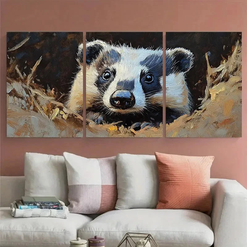 3pcs Badger Animal Portrait Illustration Wall Art Set Canvas Framed 40x60cm - High Quality Print 100% Australian Made Wall Canvas Ready to Hang