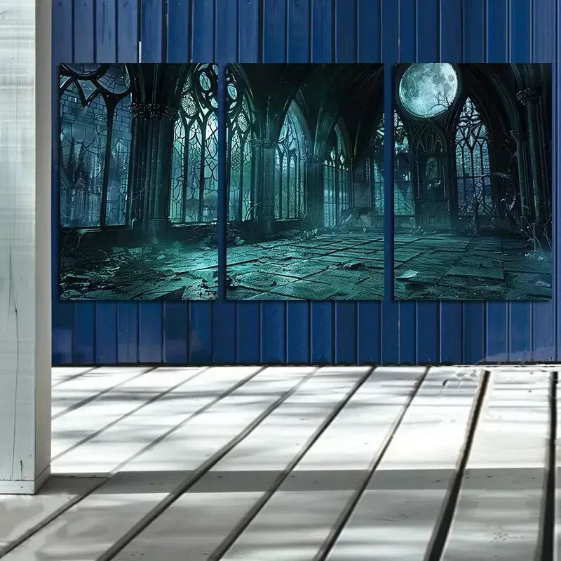 3pcs Gothic Backdrop with Dark Arched Windows Canvas Framed 40x60cm - High Quality Print 100% Australian Made Wall Canvas Ready to Hang