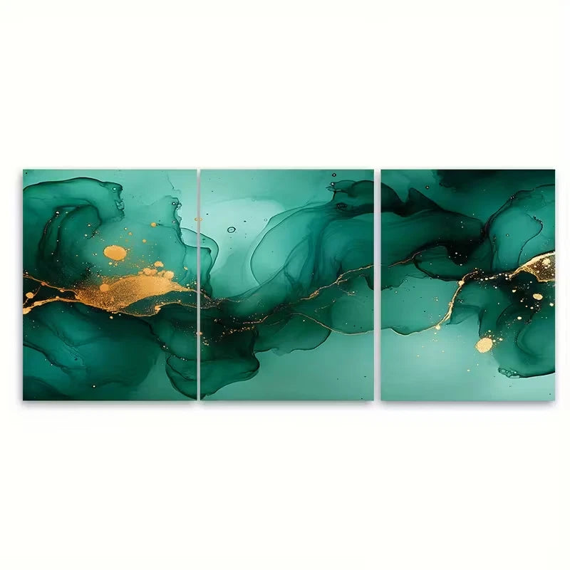 3pcs Shades Of Jade Green Free Flowing Alcohol Metal Print Ready to Hang Art