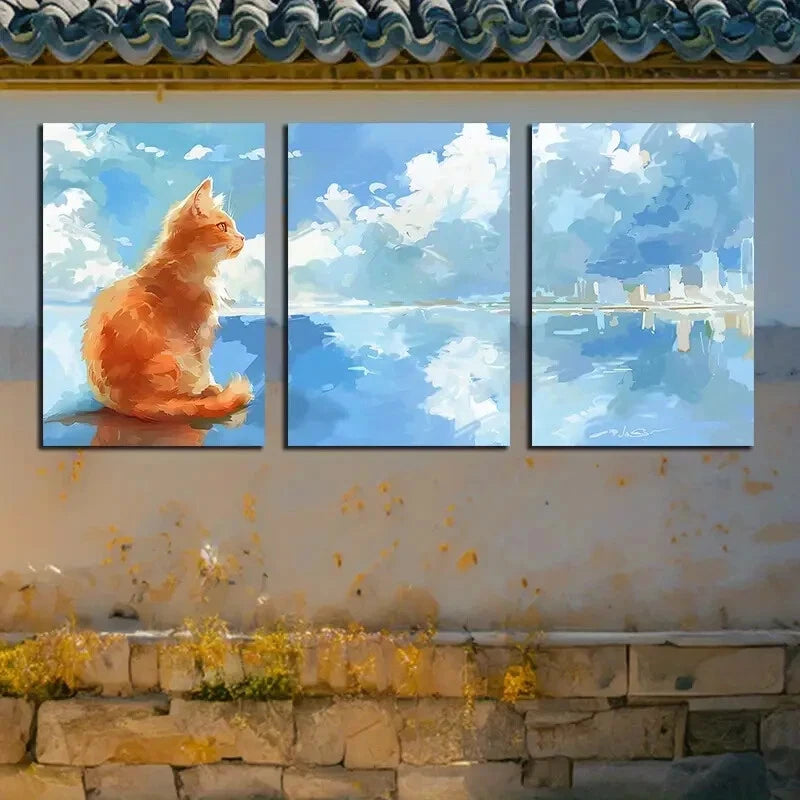 3pcs Serene Seascape with Playful Cat Metal Print Ready to Hang Art