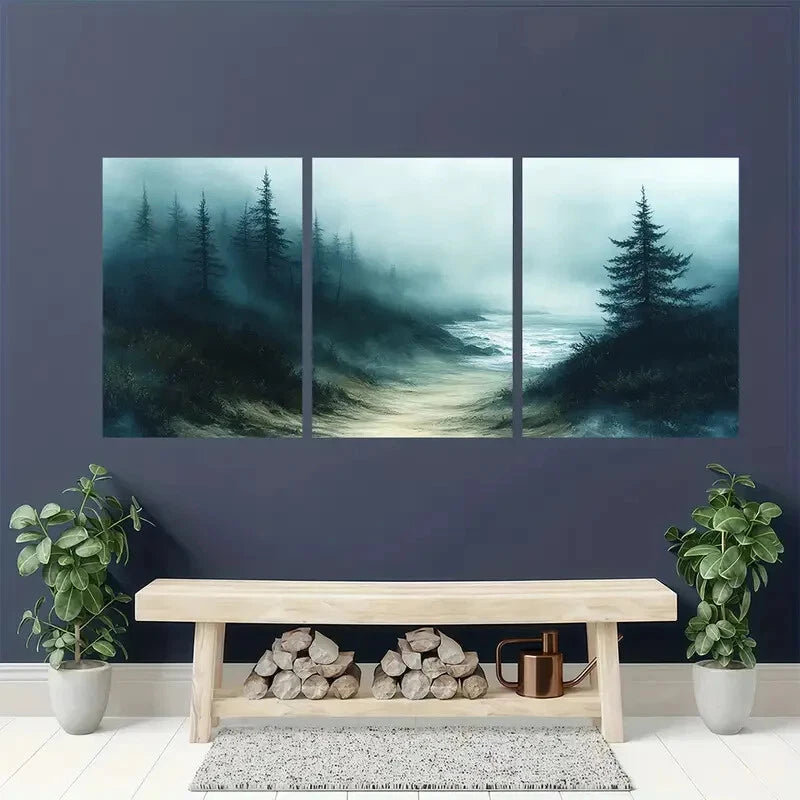 3pcs Misty Foggy Beach Abstract Seascape Metal Print Ready to Hang Art