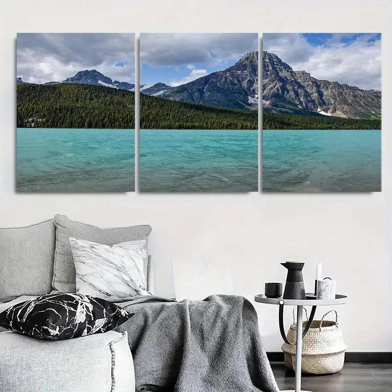 3pcs Snow Capped Peaks Waters and Forest Metal Print Ready to Hang Art
