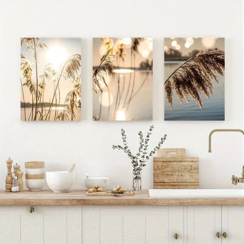 3pcs Boho Forest Morning Grass Lake Posters Metal Print Ready to Hang Art