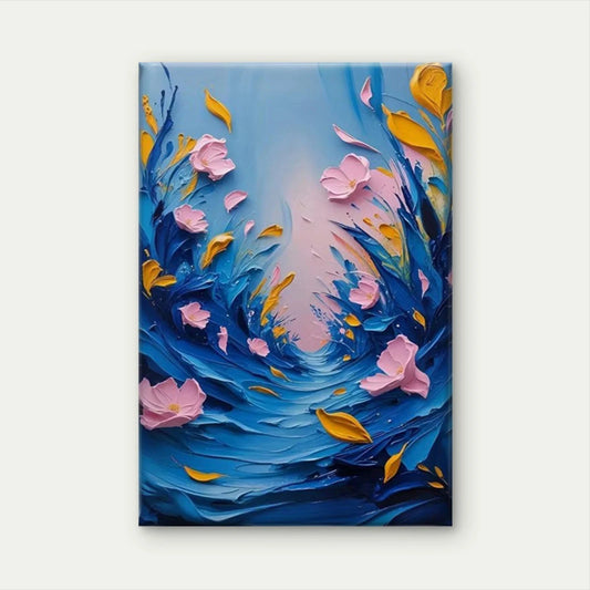 Blue Floral Wave Pink Flowers & Yellow Leaves Metal Print Ready to Hang