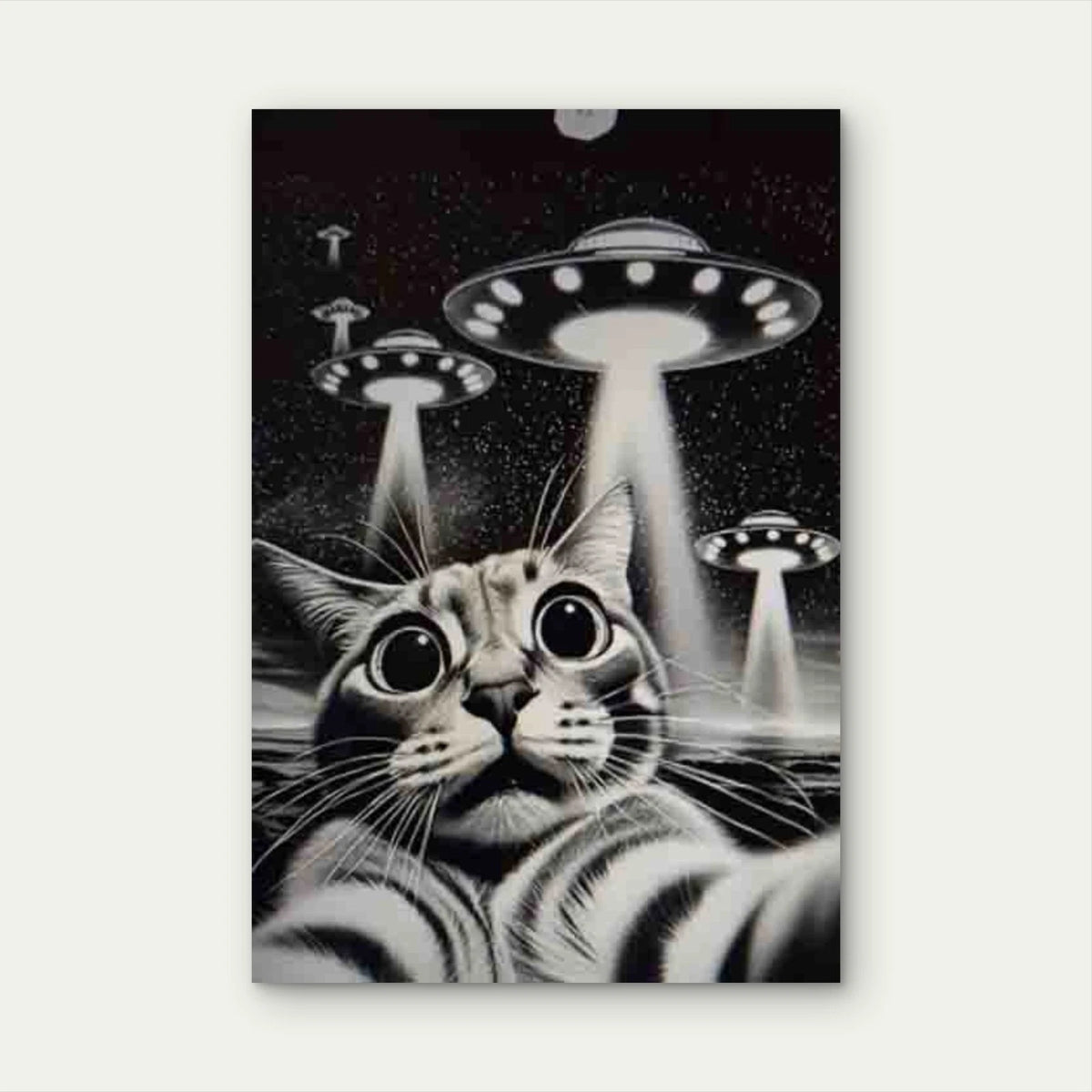 Whimsical Cat & UFO Metal Print Ready to Hang