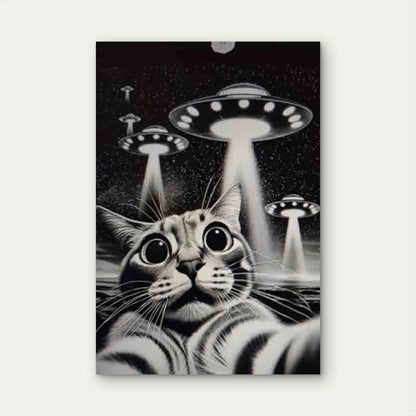 Whimsical Cat & UFO Metal Print Ready to Hang