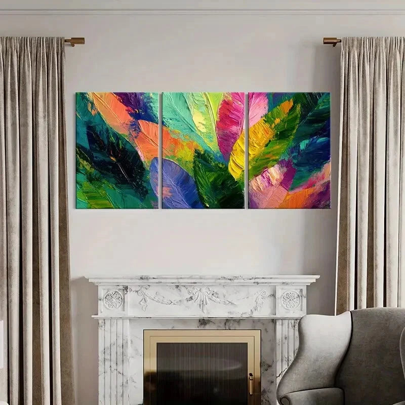 3pcs Abstract Feather Art Vibrant Colors Painting Metal Print Ready to Hang Art