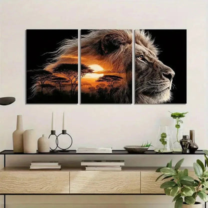 3pcs African Lion Savannah Sunset Wall Art Metal Print Ready to Hang Art