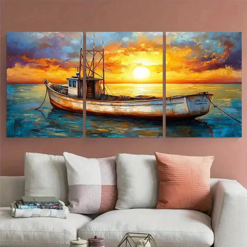 3pcs Vintage Fishing Boat Seaside Coastal Design Wall Art Set Canvas Framed 40x60cm - High Quality Print 100% Australian Made Wall Canvas Ready to Hang