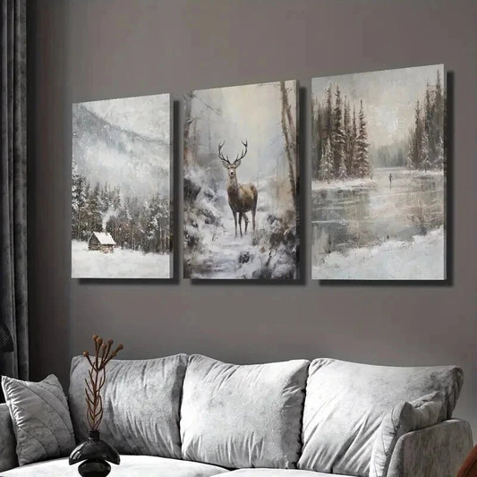 3pcs Retro Winter Landscape & Reindeer Wall Art Set Canvas Framed 40x60cm - High Quality Print 100% Australian Made Wall Canvas Ready to Hang