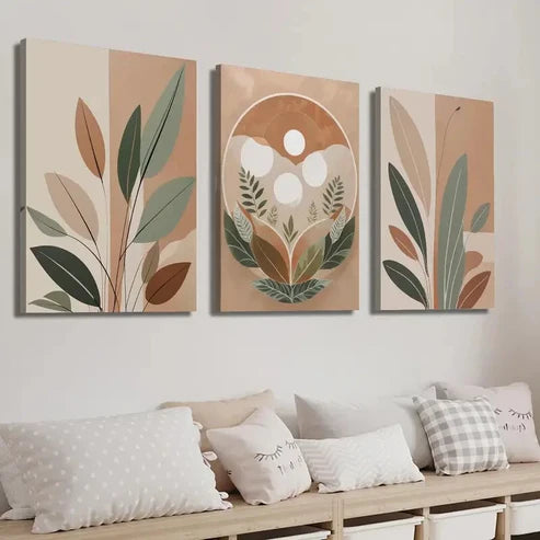 3pcs Bohemian Style Leaf & Nature Elements Wall Art Set Canvas Unframed - High Quality Print 100% Australian Made Wall Canvas