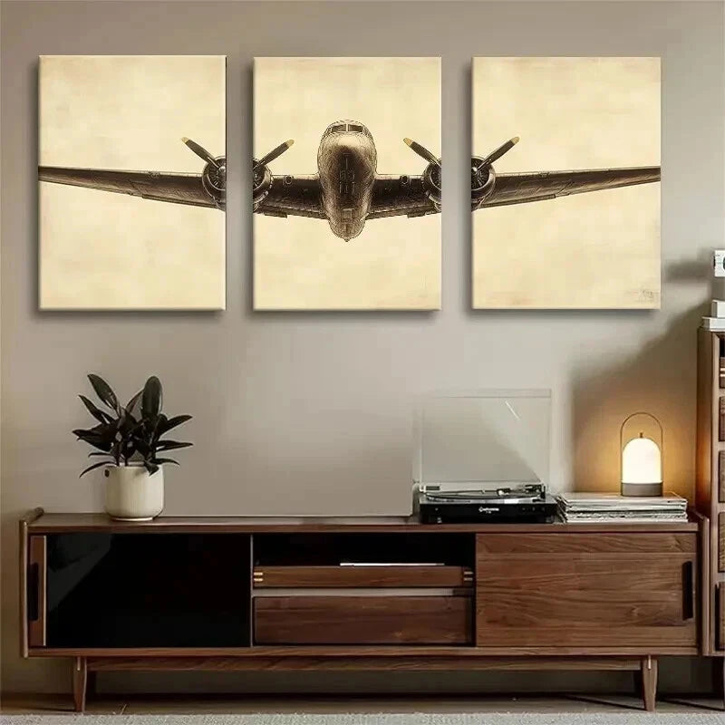 3pcs Vintage Airplane Retro Aviation Perfect Wall Art Set Canvas Framed 40x60cm - High Quality Print 100% Australian Made Wall Canvas Ready to Hang