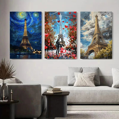 Three artistic Eiffel Tower paintings on a wall above a sofa.