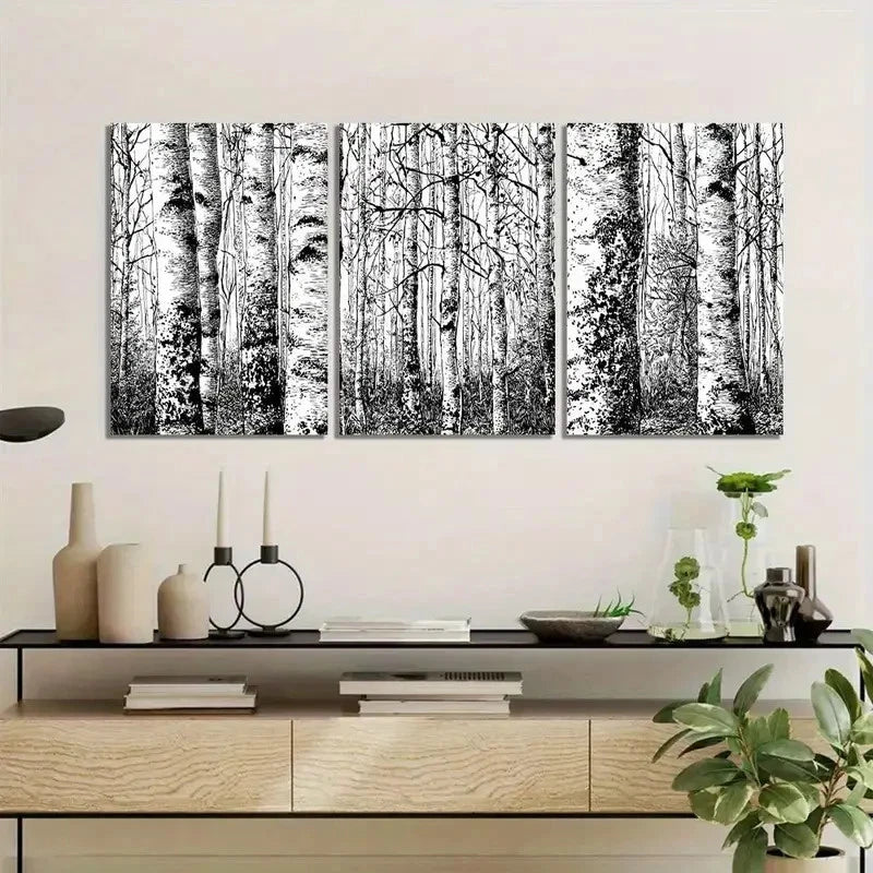 3pcs Black and White Scene of Birch Forest Metal Print Ready to Hang Art