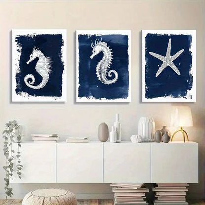 3pcs Ocean White Seahorse and Starfish Print Metal Print Ready to Hang Art