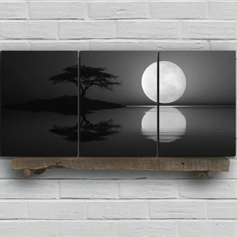 3pcs Black & White Reflection of Trees Metal Print Ready to Hang Art