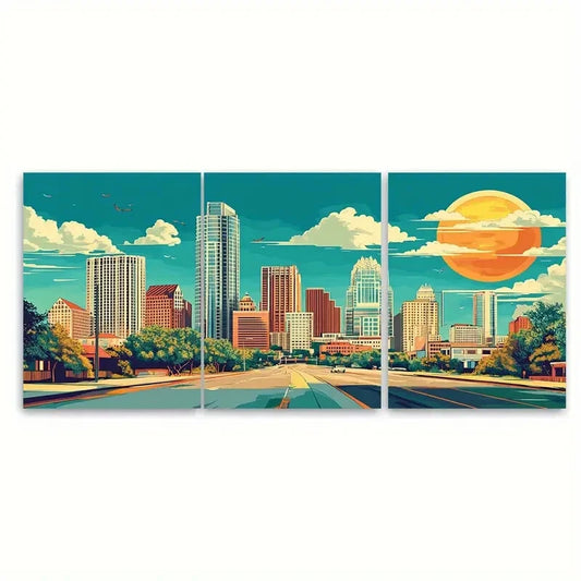 3pcs Vibrant Sunset & Skyline Design Texas Metal Print Ready to Hang Art