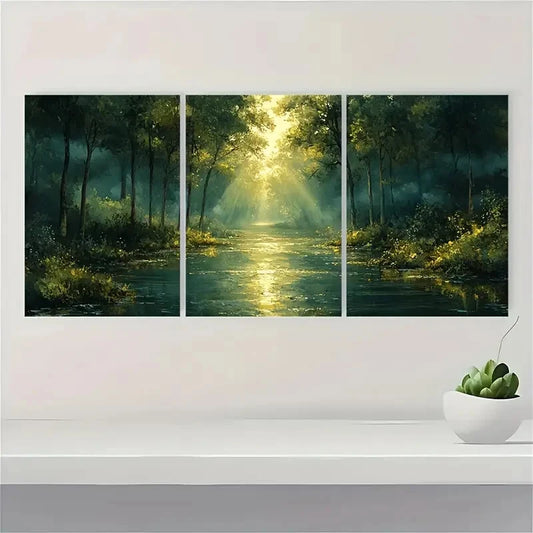 3pcs Tranquil Green Forest and Stream Acrylic Metal Print Ready to Hang Art