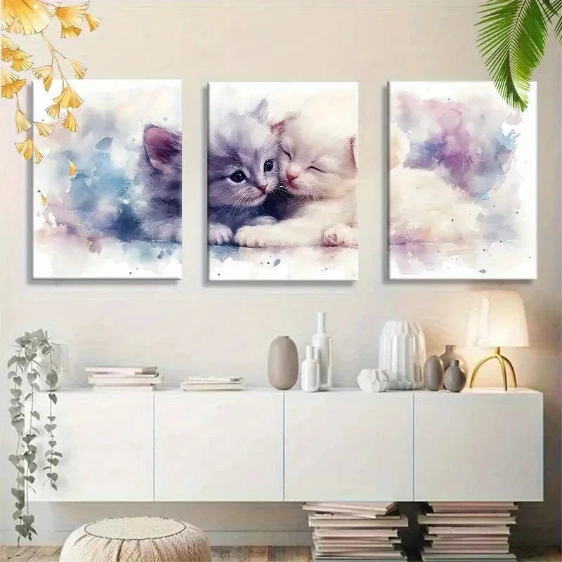 3pcs Cute Hug Kitten Watercolor Wall Art Metal Print Ready to Hang Art
