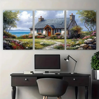 3pcs Irish Cottage with Sea view Illustration Metal Print Ready to Hang Art