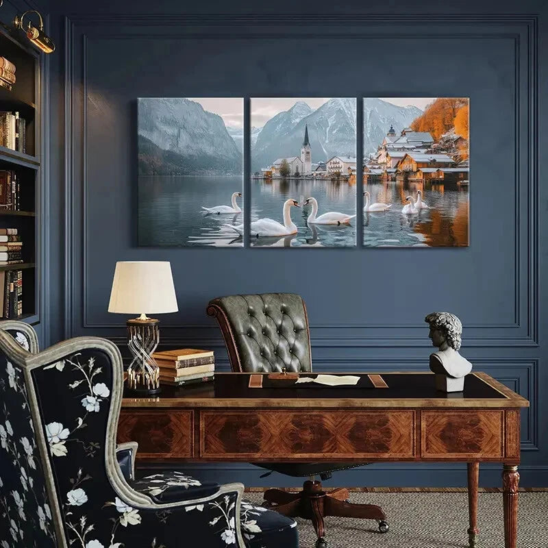 3pcs Swan Alpine Village Snowy Peaks Metal Print Ready to Hang Art