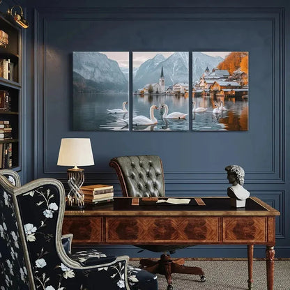 3pcs Swan Alpine Village Snowy Peaks Metal Print Ready to Hang Art